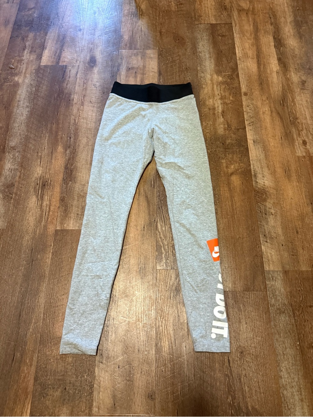 Nike Gray Leggings with Black Waistband and Orange Logo